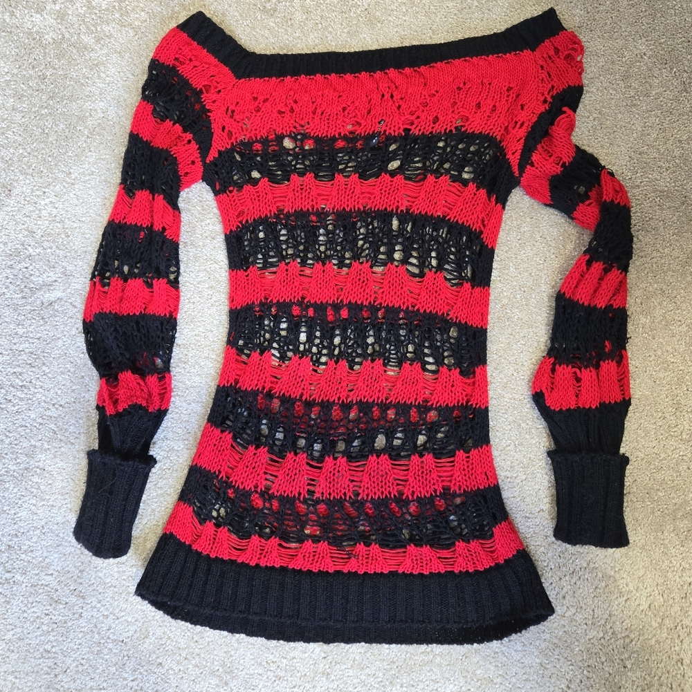 Lip Service Off-Shoulder Red and Black Sweater